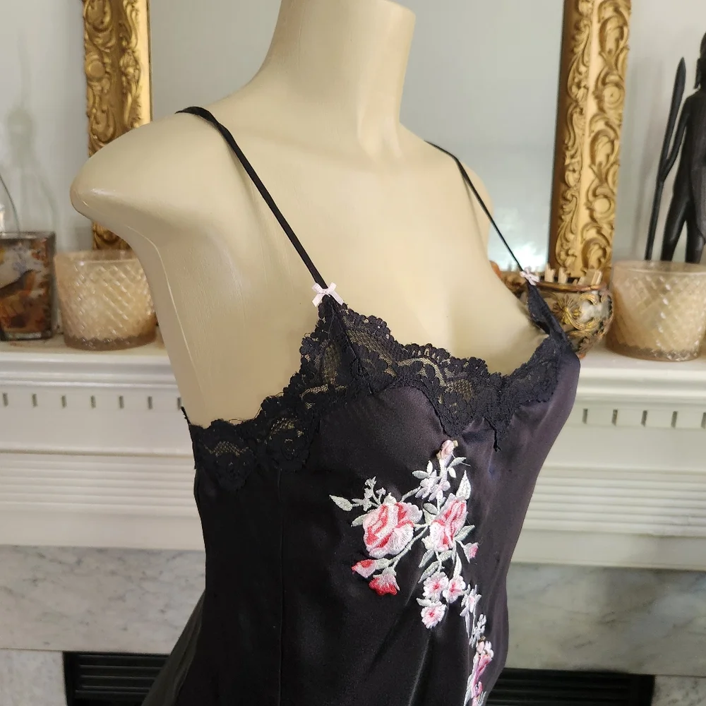 Vintage 90s Black Floral Chemise Slip Dress Sz M Pink Embroidered Mini Lace Y2K